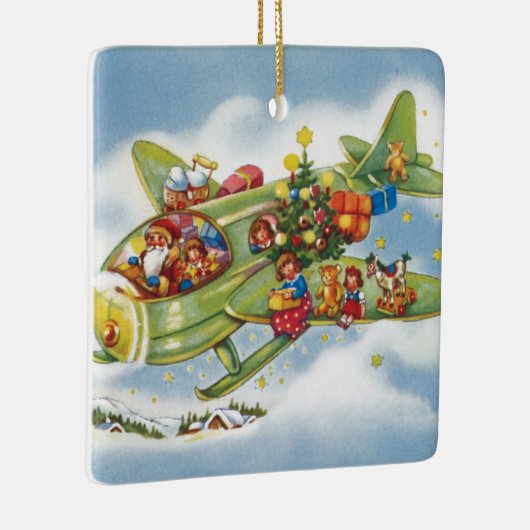 サンタクロースと飛行機のヴィンテージ飛んでいるクリスマス セラミックオーナメント (右)
