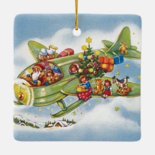 サンタクロースと飛行機のヴィンテージ飛んでいるクリスマス セラミックオーナメント (裏面)