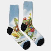 サンタクロースと飛行機のヴィンテージ飛んでいるクリスマス ソックス (右)