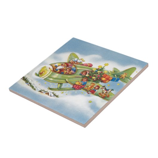 サンタクロースと飛行機のヴィンテージ飛んでいるクリスマス タイル (側面)