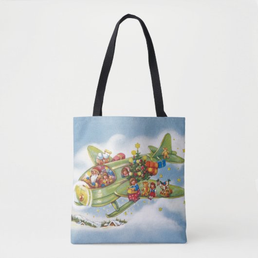 サンタクロースと飛行機のヴィンテージ飛んでいるクリスマス トートバッグ (正面)