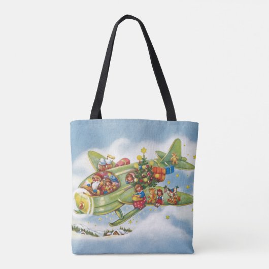 サンタクロースと飛行機のヴィンテージ飛んでいるクリスマス トートバッグ (裏面)