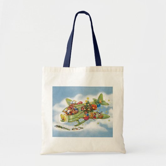 サンタクロースと飛行機のヴィンテージ飛んでいるクリスマス トートバッグ (正面)