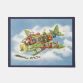 サンタクロースと飛行機のヴィンテージ飛んでいるクリスマス ドアマット (正面)