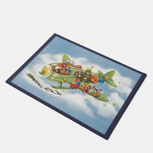 サンタクロースと飛行機のヴィンテージ飛んでいるクリスマス ドアマット (アングル)