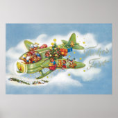 サンタクロースと飛行機のヴィンテージ飛んでいるクリスマス ポスター (正面)