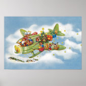 サンタクロースと飛行機のヴィンテージ飛んでいるクリスマス ポスター (正面)