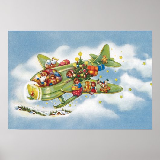 サンタクロースと飛行機のヴィンテージ飛んでいるクリスマス ポスター (正面)