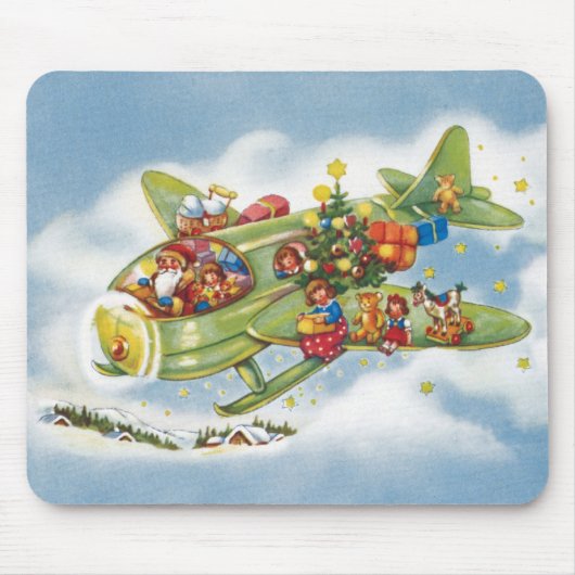 サンタクロースと飛行機のヴィンテージ飛んでいるクリスマス マウスパッド (正面)