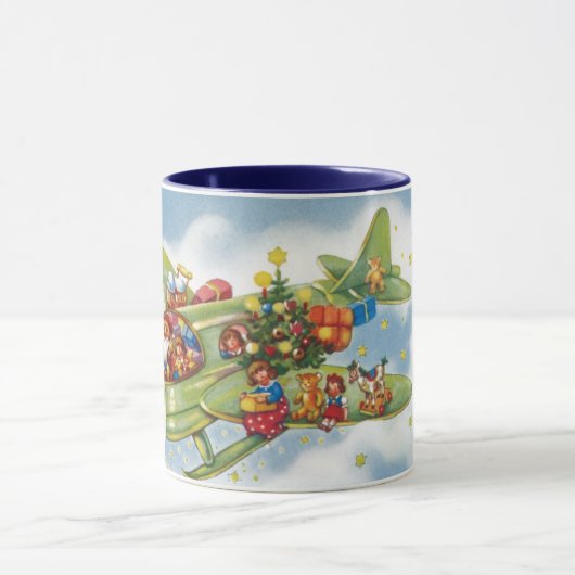 サンタクロースと飛行機のヴィンテージ飛んでいるクリスマス マグカップ (中央)