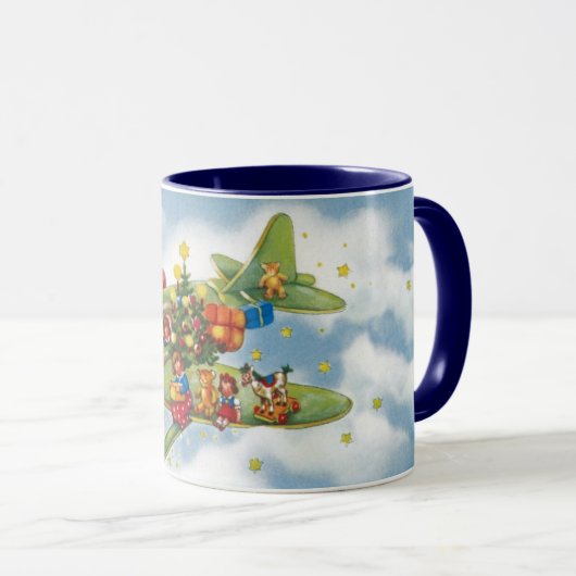 サンタクロースと飛行機のヴィンテージ飛んでいるクリスマス マグカップ (正面右)