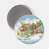 サンタクロースと飛行機のヴィンテージ飛んでいるクリスマス マグネット (正面/裏面)