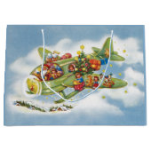 サンタクロースと飛行機のヴィンテージ飛んでいるクリスマス ラージペーパーバッグ (正面)