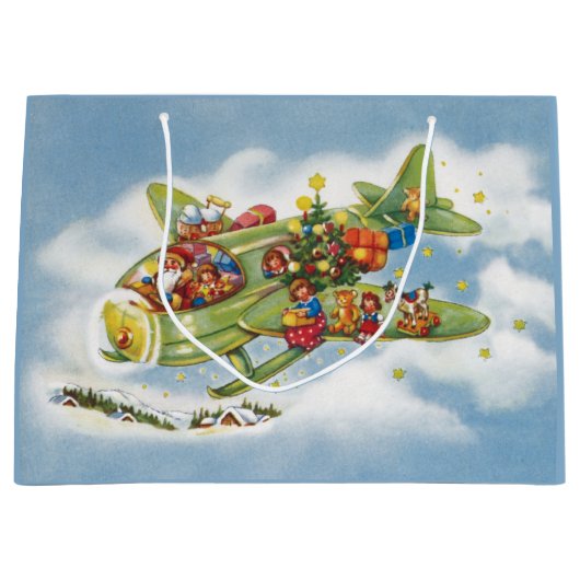サンタクロースと飛行機のヴィンテージ飛んでいるクリスマス ラージペーパーバッグ (正面)