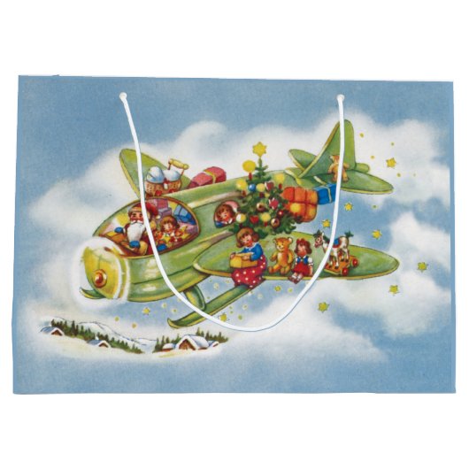 サンタクロースと飛行機のヴィンテージ飛んでいるクリスマス ラージペーパーバッグ (裏面)