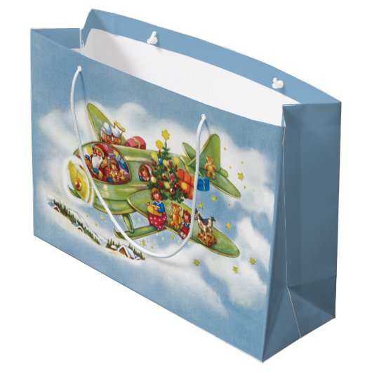 サンタクロースと飛行機のヴィンテージ飛んでいるクリスマス ラージペーパーバッグ (裏面アングル)