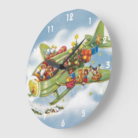 サンタクロースと飛行機のヴィンテージ飛んでいるクリスマス ラージ壁時計 (傾斜)