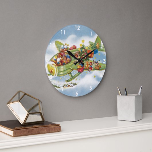 サンタクロースと飛行機のヴィンテージ飛んでいるクリスマス ラージ壁時計 (オフィス)