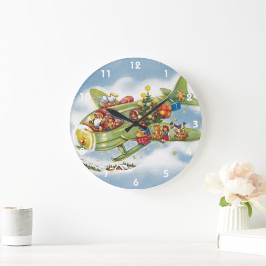 サンタクロースと飛行機のヴィンテージ飛んでいるクリスマス ラージ壁時計 (ホーム)