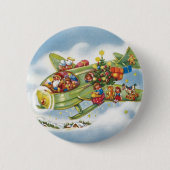 サンタクロースと飛行機のヴィンテージ飛んでいるクリスマス 缶バッジ (正面)