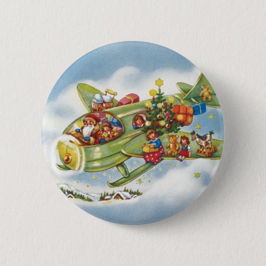 サンタクロースと飛行機のヴィンテージ飛んでいるクリスマス 缶バッジ (正面)