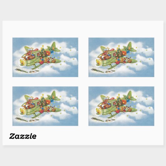 サンタクロースと飛行機のヴィンテージ飛んでいるクリスマス 長方形シール (シート)