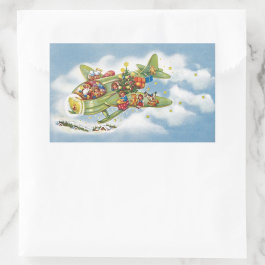 サンタクロースと飛行機のヴィンテージ飛んでいるクリスマス 長方形シール (バッグ)