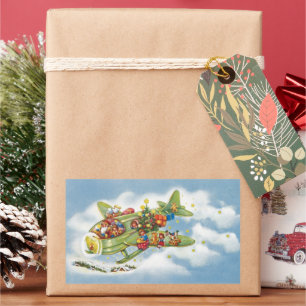 サンタクロースと飛行機のヴィンテージ飛んでいるクリスマス 長方形シール