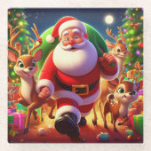 サンタクロースと2トナカイイラストレーション ガラスコースター (正面)