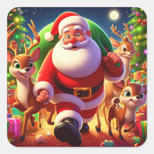 サンタクロースと2トナカイイラストレーション スクエアシール (正面)