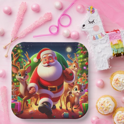 サンタクロースと2トナカイイラストレーション ペーパープレート (パーティー)