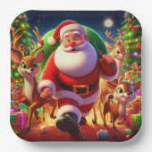 サンタクロースと2トナカイイラストレーション ペーパープレート (正面)