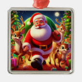 サンタクロースと2トナカイイラストレーション メタルオーナメント (正面)