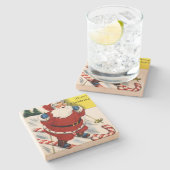 サンタクロースにキャンディーケーンスキースキースクリスマス ストーンコースター (横)