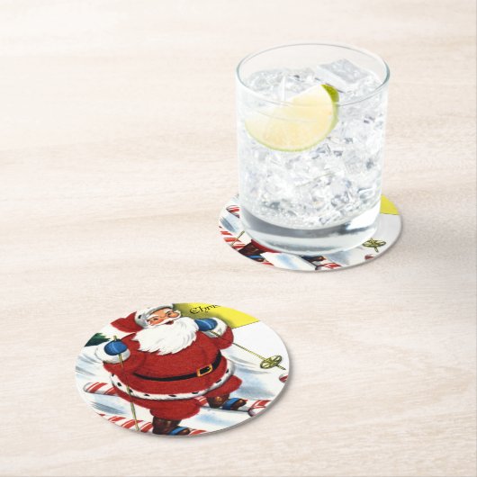 サンタクロースにキャンディーケーンスキースキースクリスマス ラウンドペーパーコースター (インサイチュ)