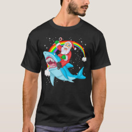 サンタクロースに乗るサメのクリスマス Tシャツ