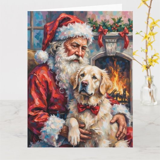 サンタクロースに抱かれたグレートピレネー犬のクリスマスアート カード (黄色い花)