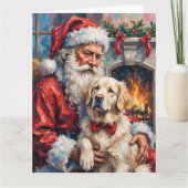サンタクロースに抱かれたグレートピレネー犬のクリスマスアート カード (正面)