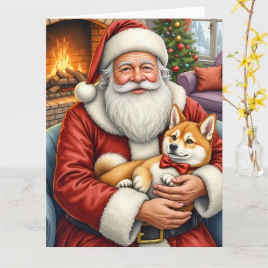サンタクロースに抱かれた秋田犬のクリスマスアート カード (黄色い花)