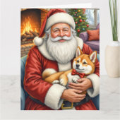 サンタクロースに抱かれた秋田犬のクリスマスアート カード (正面)