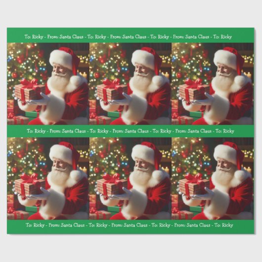 サンタクロースに男の子の名前を追加クリスマスグリーン ラッピングペーパー (フラット)