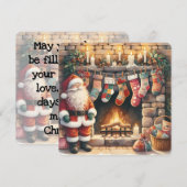 サンタクロースのいる暖炉の前に並ぶクリスマス・ストッキング シーズンカード (正面/裏面)