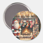 サンタクロースのいる暖炉の前に並ぶクリスマス・ストッキング マグネット (正面/裏面)