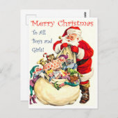サンタクロースのおもちゃだらけのバッグ、ヴィンテージ ポストカード (正面/裏面)
