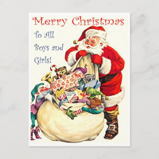サンタクロースのおもちゃだらけのバッグ、ヴィンテージ ポストカード (正面)