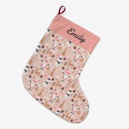 サンタクロースのかわいいピンクのクリスマスパターン ラージクリスマスストッキング