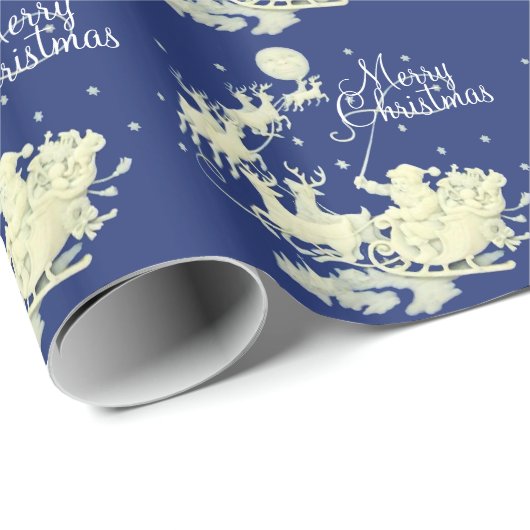 サンタクロースのそりの乗車のメリークリスマスの夜空 ラッピングペーパー (ロールコーナー)