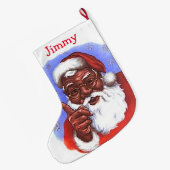 サンタクロースのアフリカ系アメリカ人の黒いクリスマス ラージクリスマスストッキング (裏面 (吊り時))