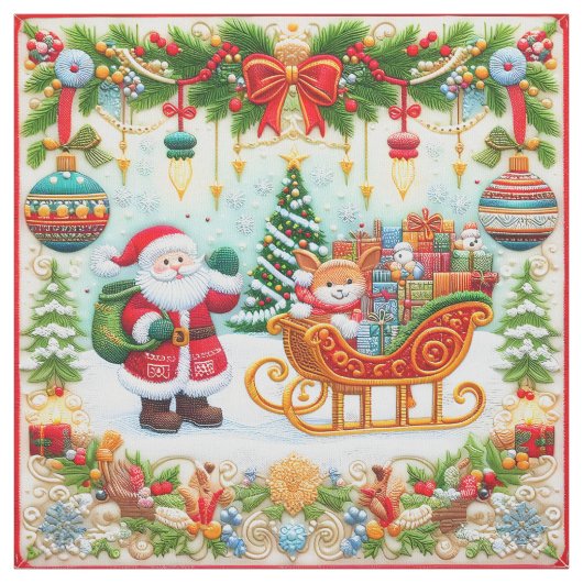 サンタクロースのカラフルなクリスマス刺繍デザイン ファブリック (見本)