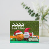 サンタクロースのカードを持つバスケットボールクリスマス ポストカード (スタンド正面)